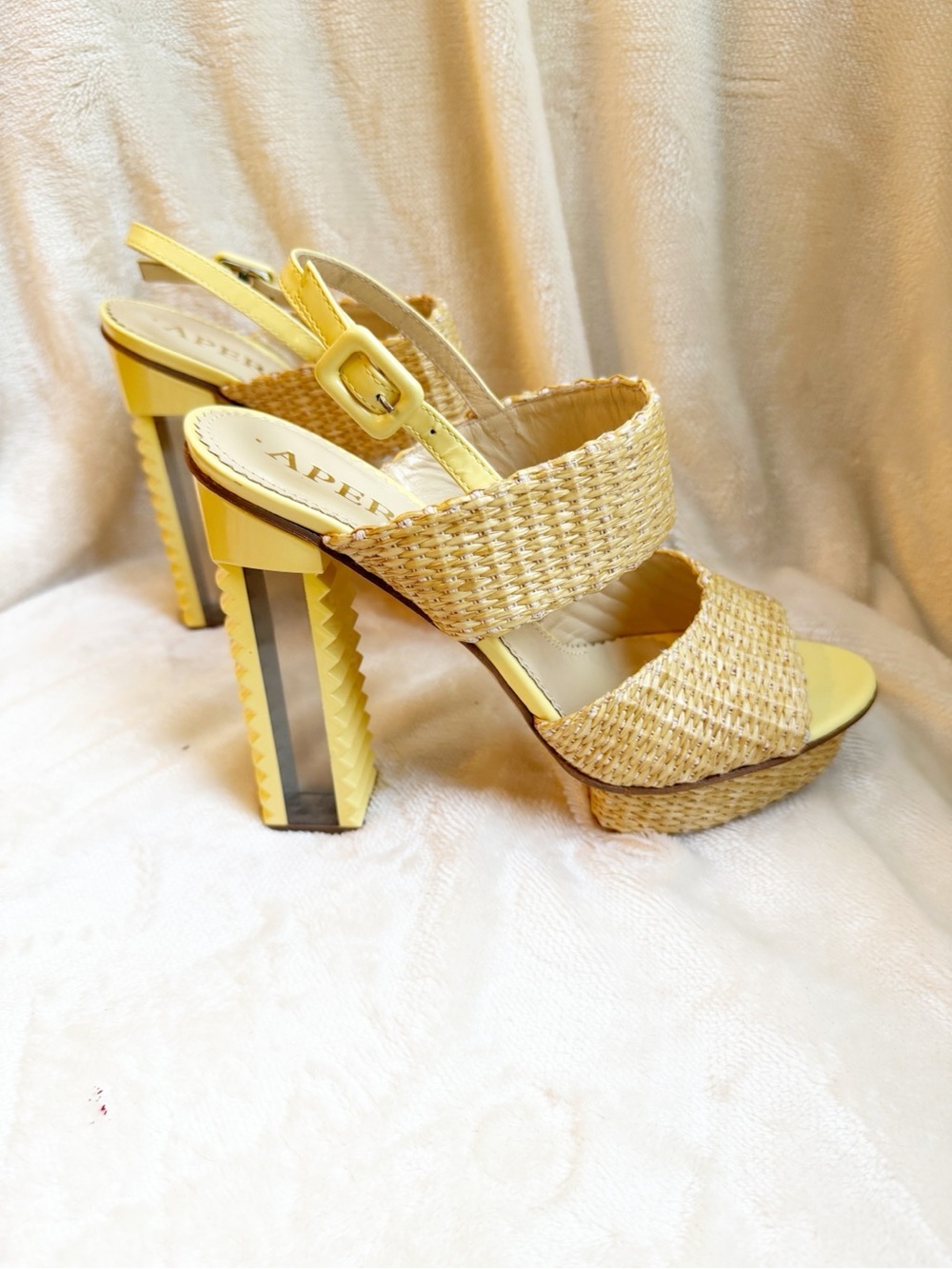 NWOT Aperlai Wicker and Yellow Leather Platform Sandal
